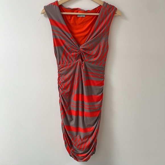 Kookai Bodycon Dress Stretchy Orange Grey Cut Out V Neck Sleeveless 2 - Picture 3 of 10